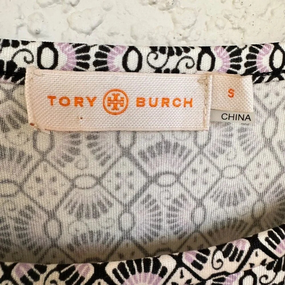 Tory Burch Silk Myrtle Ruched Sheath Dress Black Purple Beige Print Size‎ Small
